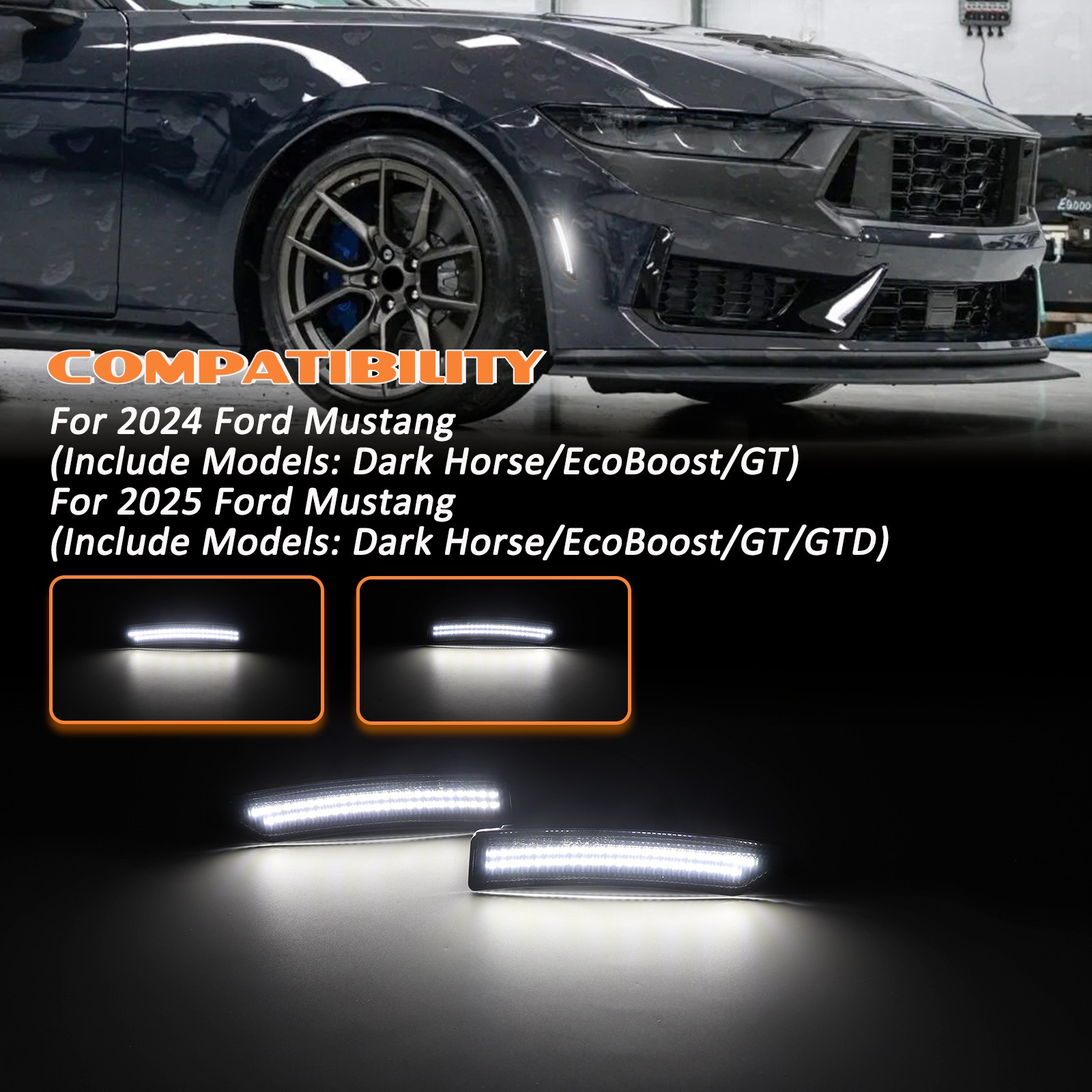 For 2024-2025 Ford Mustang S650 Front Rear Bumper 4PCS LED Side Marker Lights