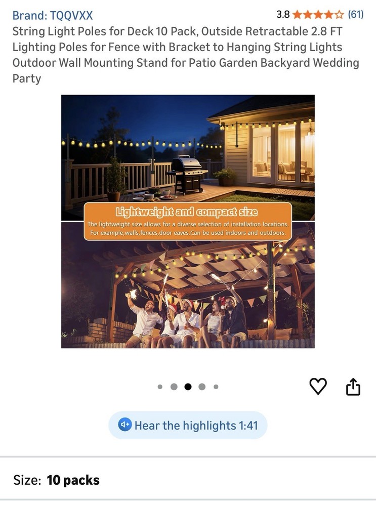 String Light Poles for Deck 10 Pack Outside Retractable 2.8 FT 10 packs