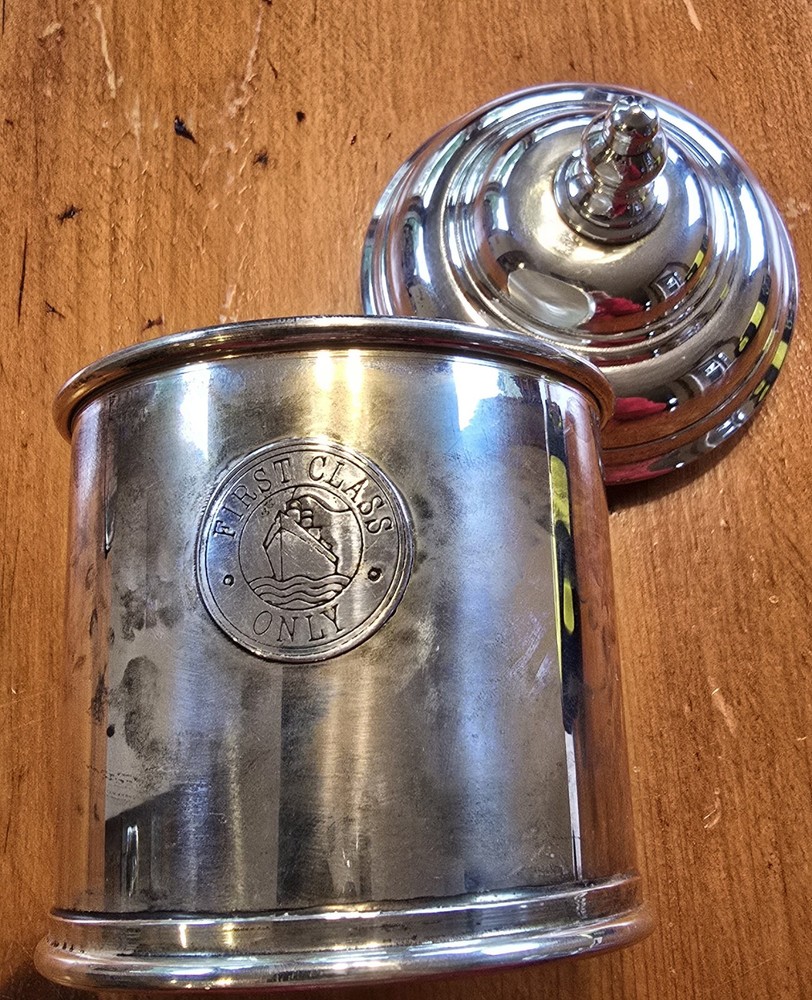 Vintage Silverplate Tea Caddy Steamliner Ship Tableware "First Class Only"