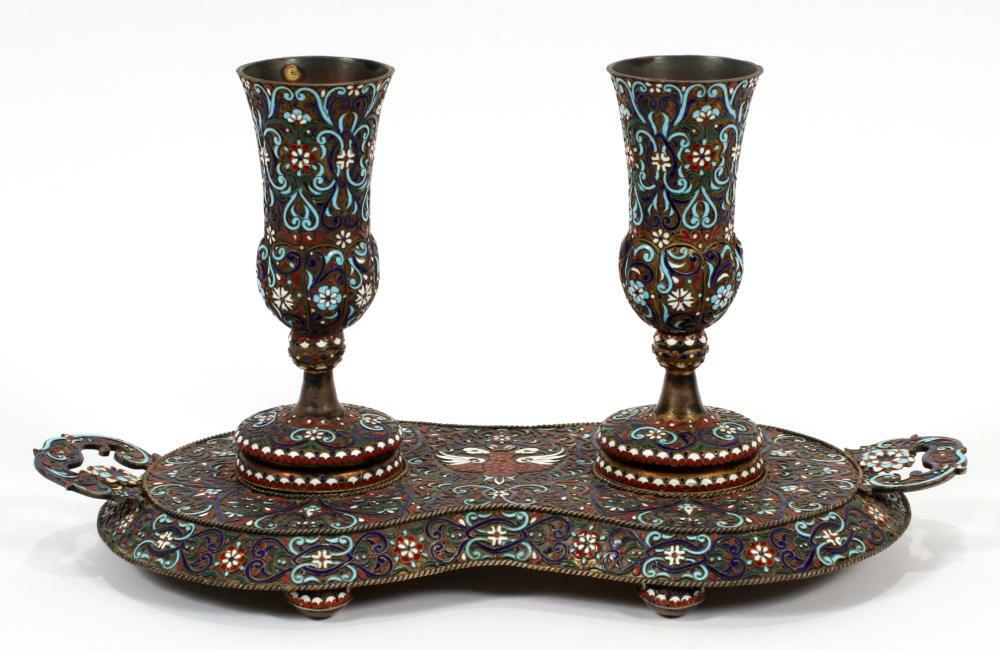 RUSSIAN KOKOSHNIK ENAMELED SILVER TRAY & CORDIALS