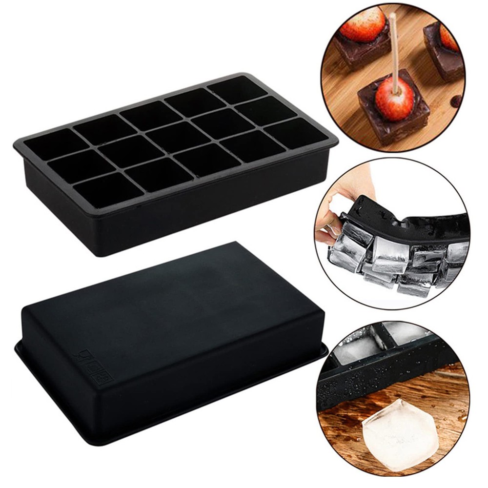 2 Pack 15-Cavity Silicone Ice Cube Trays Square Ice Cube Molds with Lids