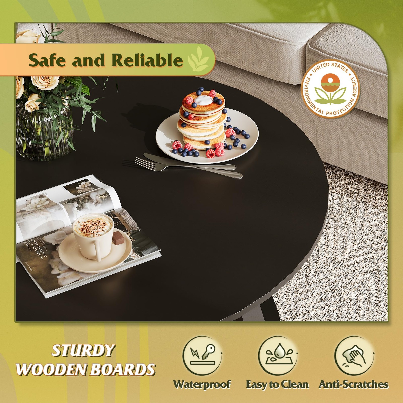 31.5 Inch Wood Black Round Coffee Table For Living Room With Storage Clearance