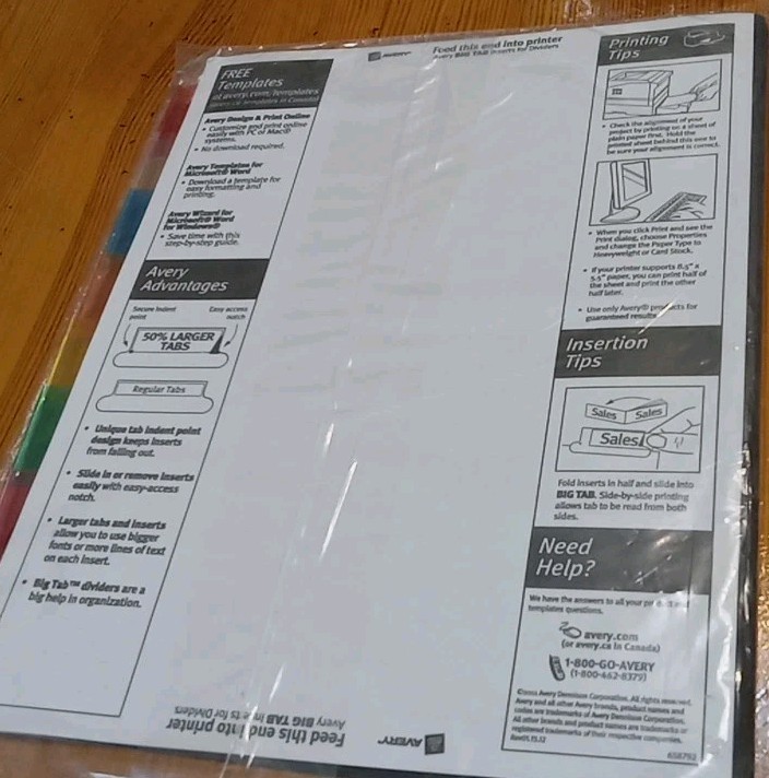 Avery 8-Tab Big Tab Insertable COLORED Dividers #81311 ONE SET Printable Inserts
