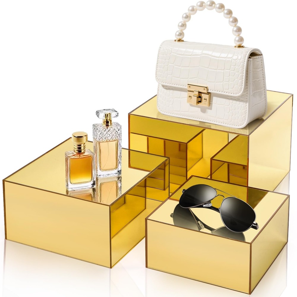 3 Pack Acrylic Risers Display Stands, Gold Buffet Riser Perfume Organizer, Mi...