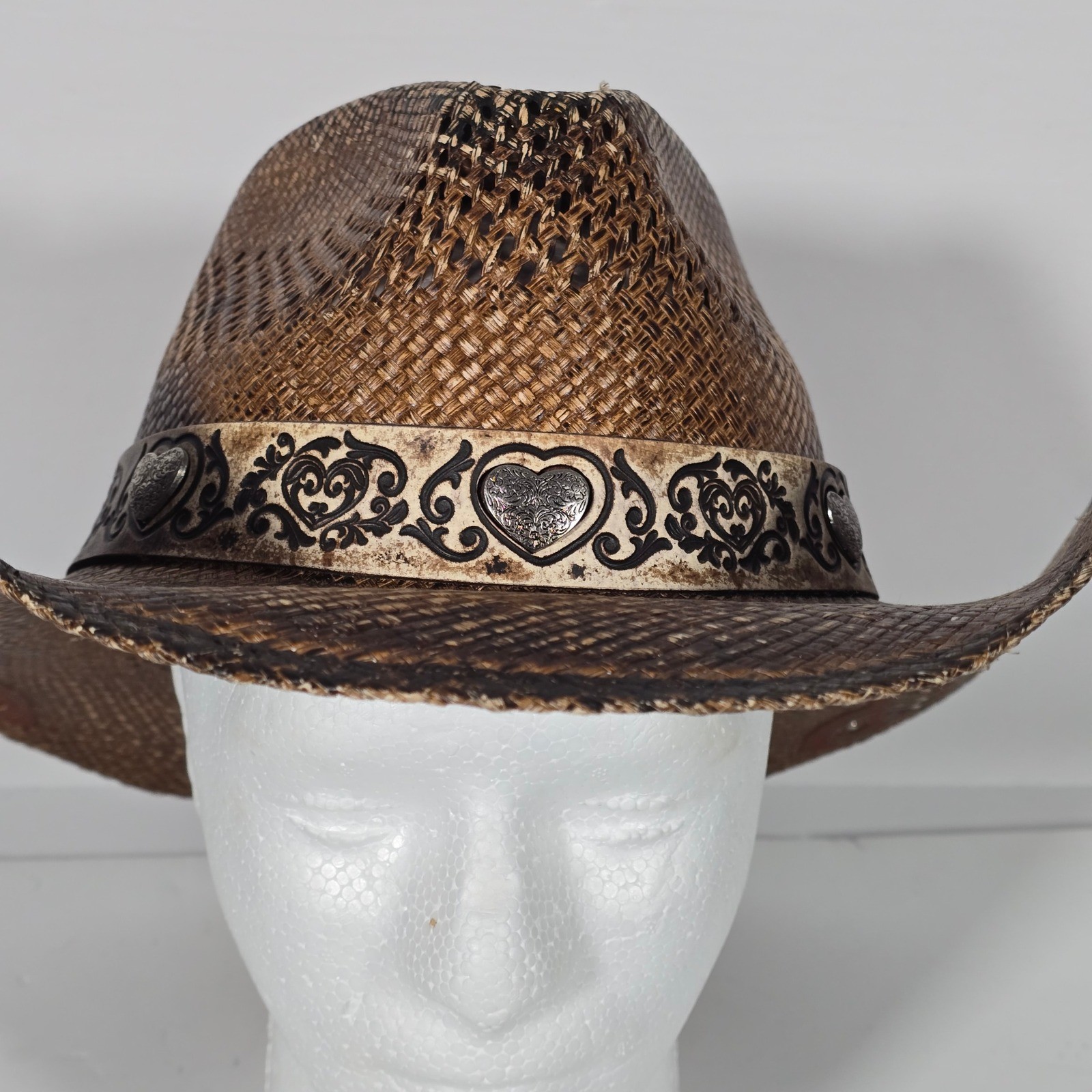 Stampede Hats Darling Cowboy Hat Tequilla Straw Size Large Brown Hearts Wings