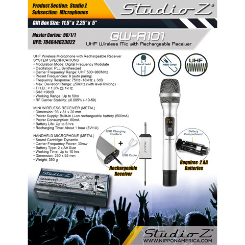 Studio Z GWR101 UHF Wireless Microphone With Rechargeable Receiver