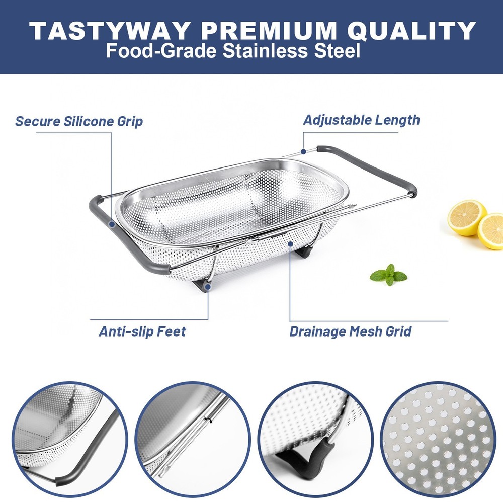 tatsyWay Over The Sink Colander Stainless Steel Oval Fine Mesh Strainer Kitchen