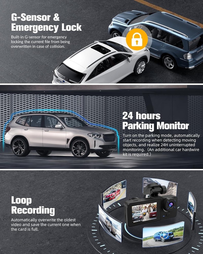 3-Channel Mini Dash Cam Front Rear Inside Bundle 32GB SD HDR Loop Parking Mode