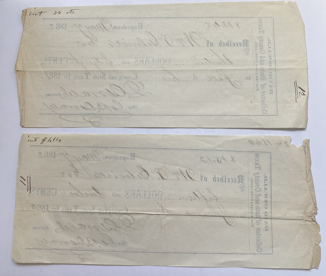 2 19th Century 1862 Hagerstown Maryland MD State & County Tax Receipts