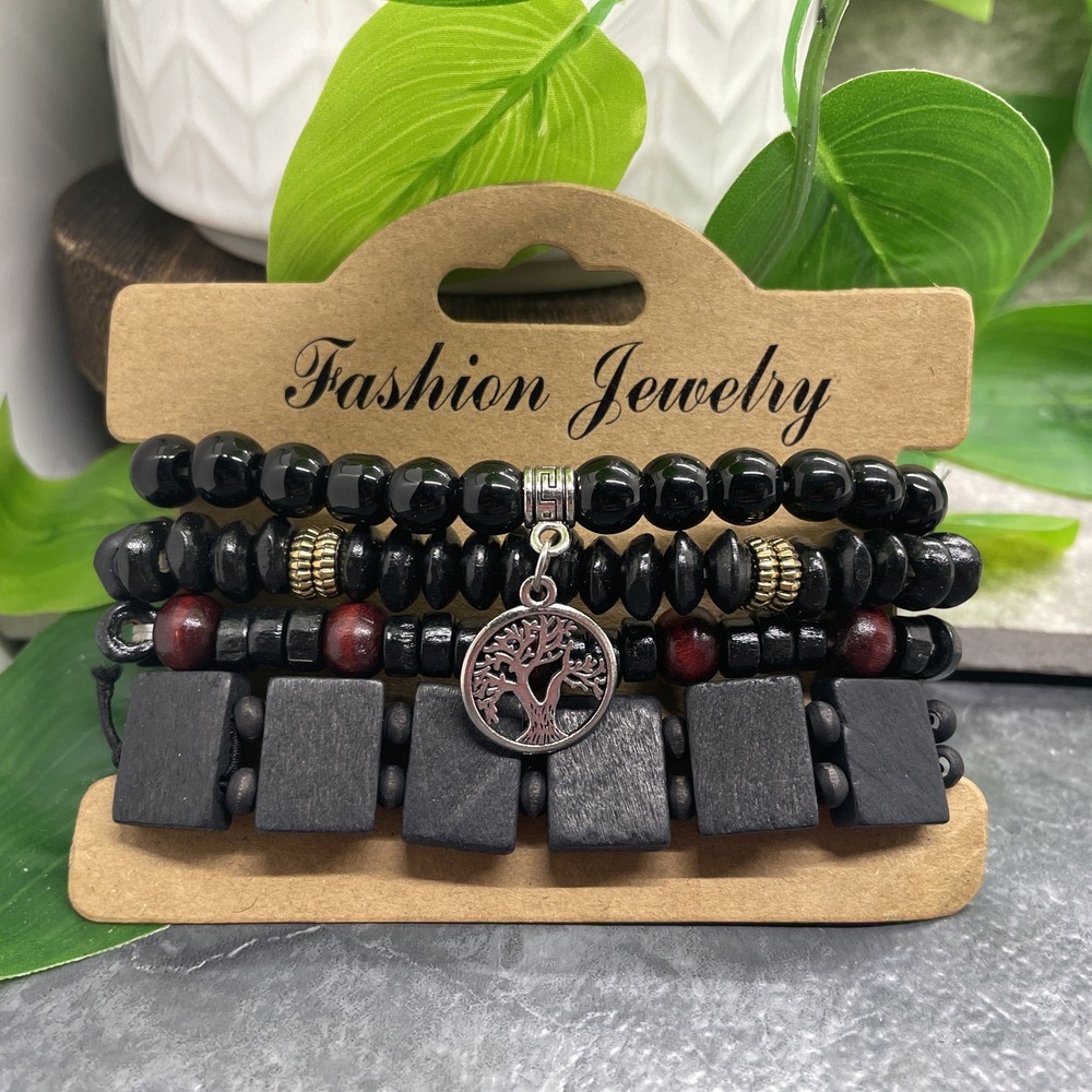 4 PC Handmade Boho Wood Bead Stackable 7” Plus Stretch Charm Bracelet Set B8398