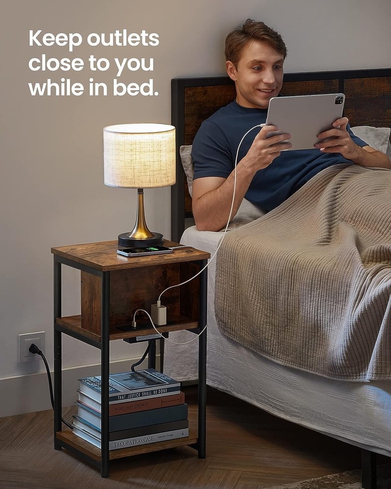Versatile End Table with Charging Station - USB Ports - Rustic Brown and Black