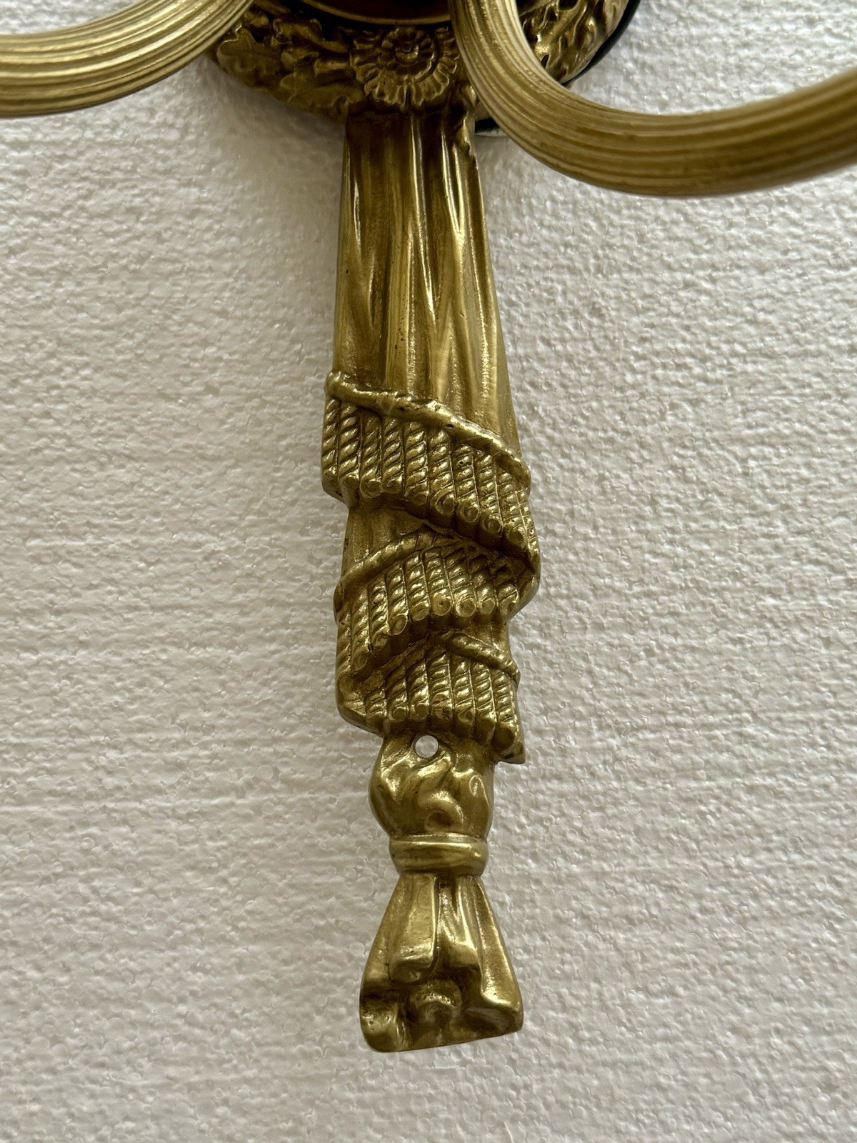 PAIR Antique French Gilt Brass Rope Bow Tassels Wall Sconce 2 Light Candelabras