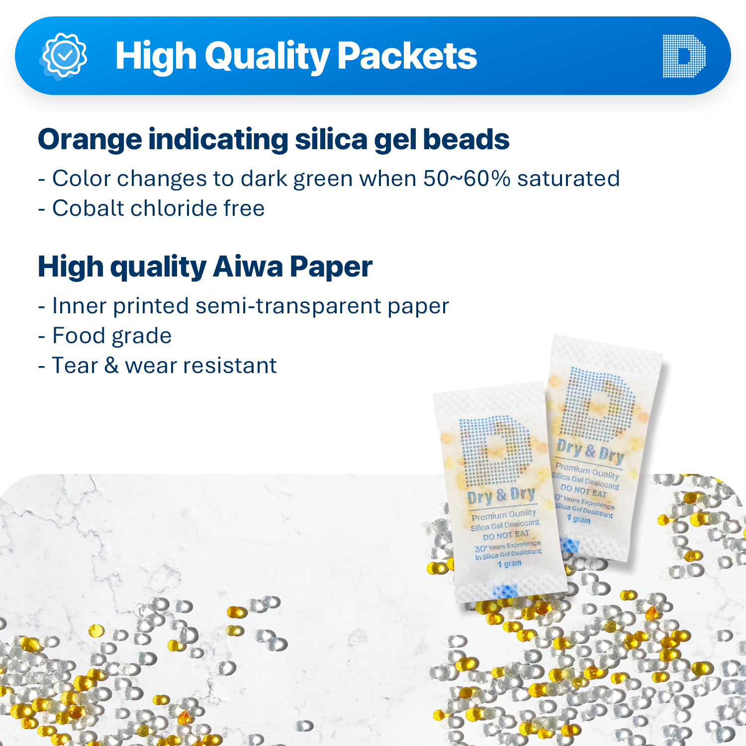 1 gram X 200 PK "Dry & Dry" Food Grade Orange Indicating Silica Gel Packets