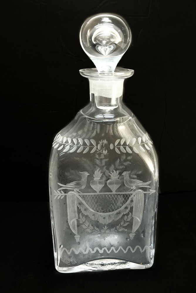 Continental Acid Etched Rectangular Decanter, Mid Century. Birds