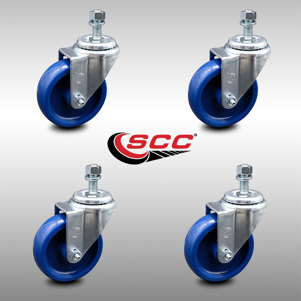 4 Inch SS Solid Polyurethane Wheel Swivel 3/8 Inch Threaded Stem Caster Set SCC
