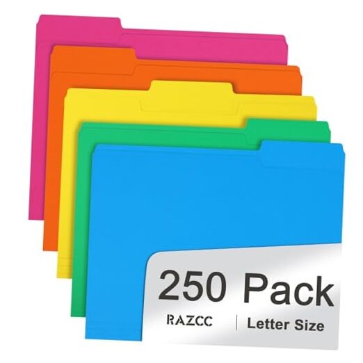 File Folder,  250 Pack 1/3 Cut Tab Colored Folders, Colored File Folder Letter