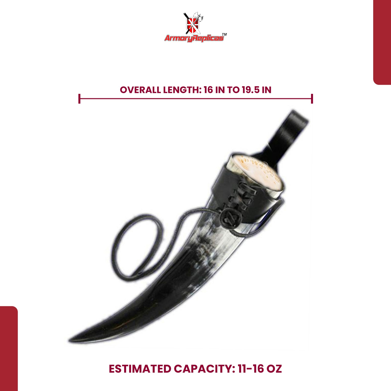 XL Viking Drinking Horn 19.5" with Leather Strap 40oz Buffalo Horn Cup for LARP