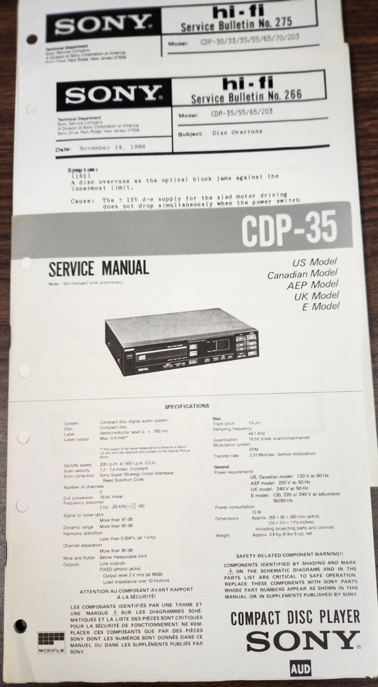 Sony CDP-35 Compact Disc Player Service Manual +Schematic & Bulletins-Original
