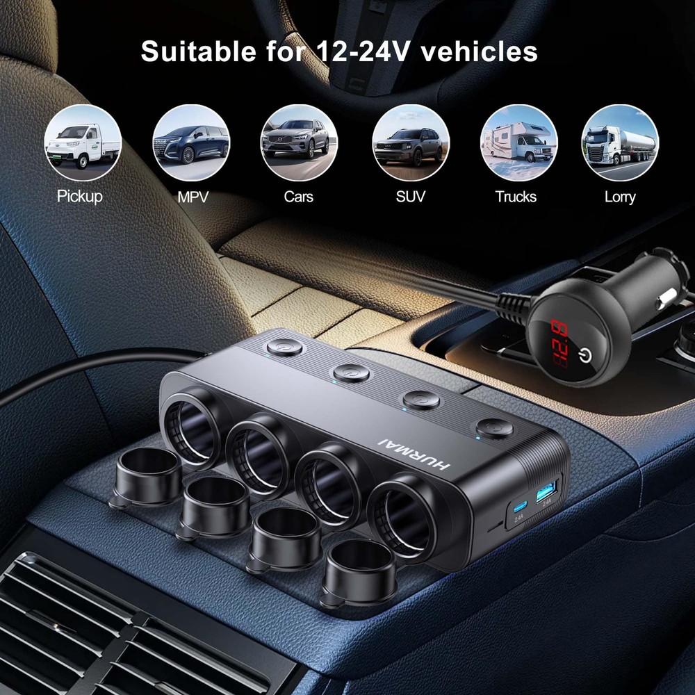 Car Cigarette Lighter Splitter 4 Socket 216W USB C Adapter 12V 24V