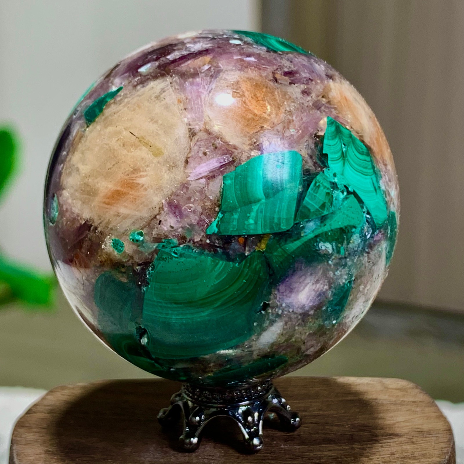 116G Newly discovered rare malachite purple mica symbiotic sphere restoration