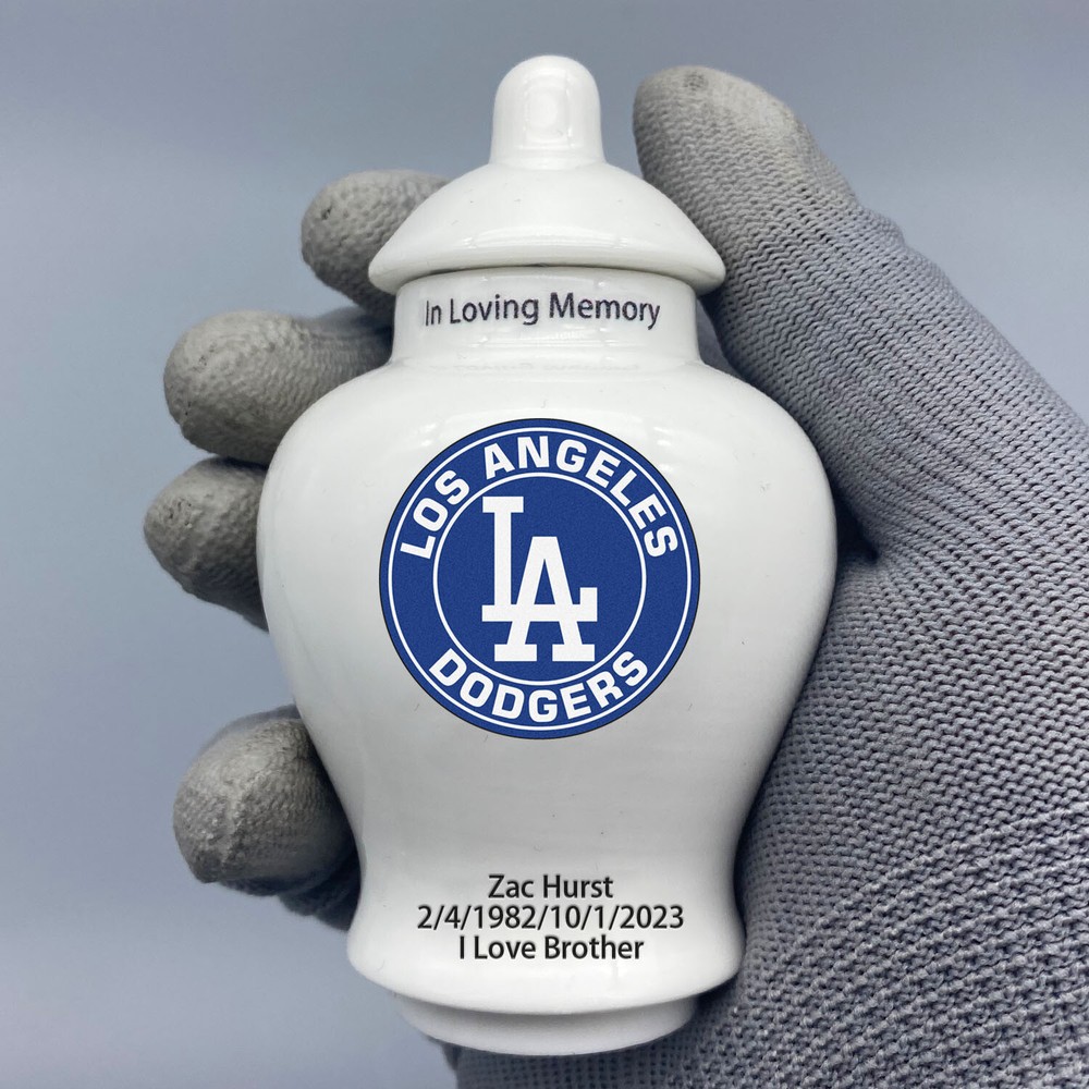 Ceramic Mini Urn for Los Angeles Dodgers Baseball Theme, Custom Text