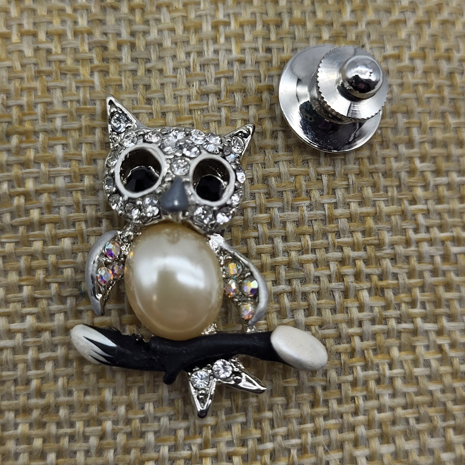 Fun Whimsical Owl Tie Tack lapel pin rhinestone bird Estate Jewelry