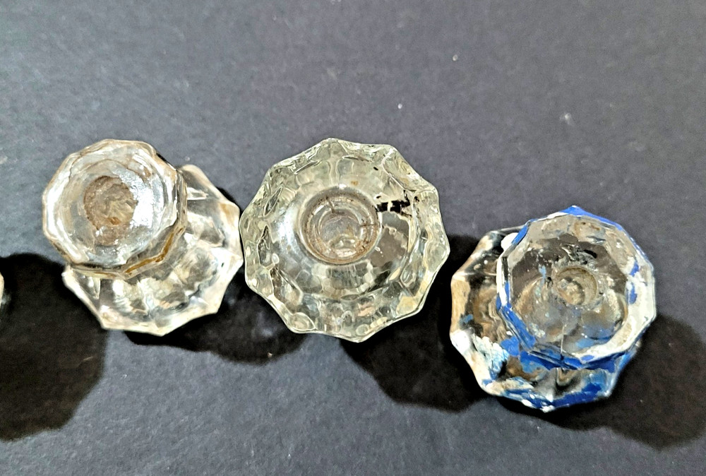6 Clear Glass 10 Sided Drawer Pull Knobs Vintage 1-1/8" tall