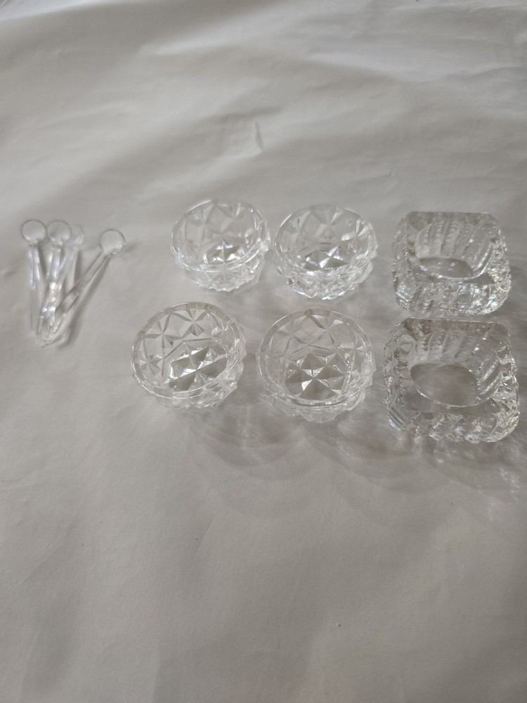 Clear Glass Diamond Pattern Open Salt Cellars Round Square Set with Spoons Box