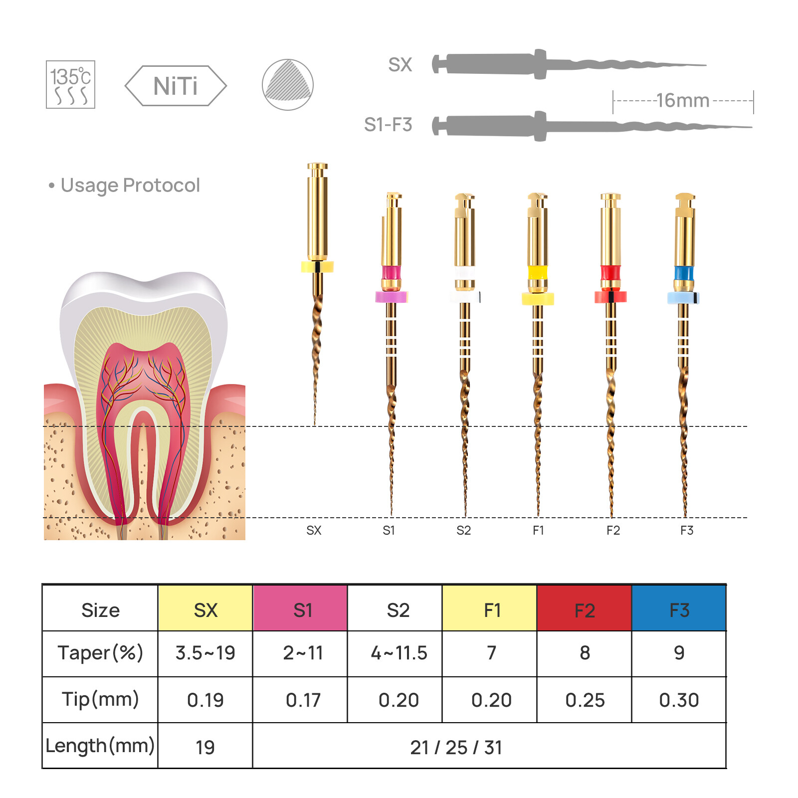 JMU Endodontic Dental PT-Gold Super Endo Files Rotary NITI Files 21/25/31mm 6pcs