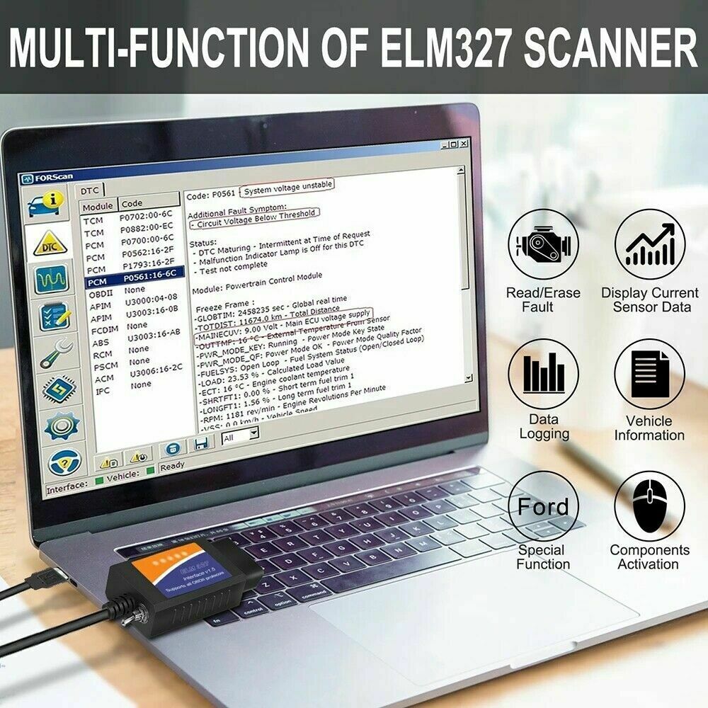 US FORScan ELM327 OBD2 Car Diagnostic Scanner Adapter USB Code Reader For Ford