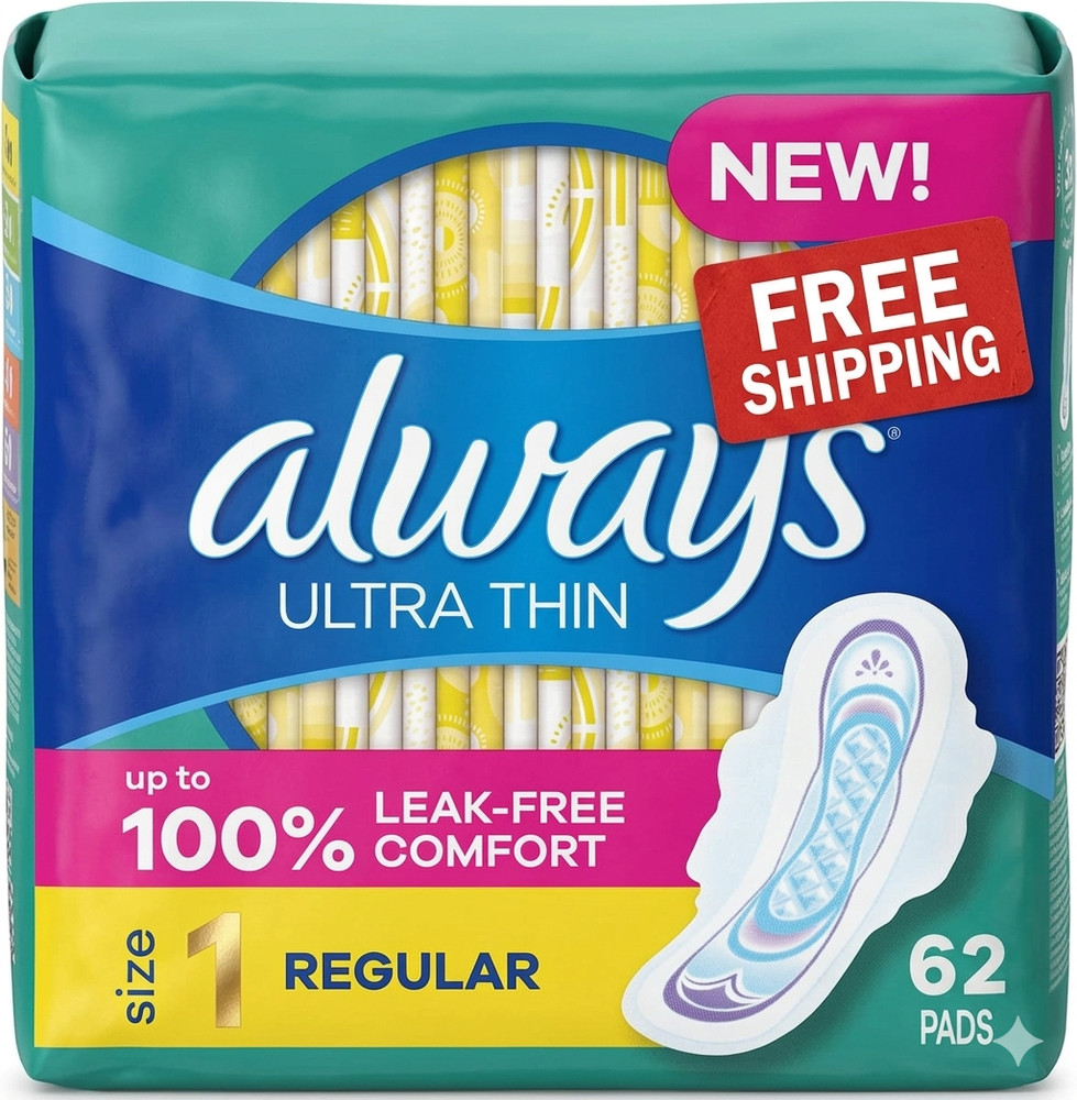 Always Ultra Thin Pads with Wings, Size 1, Regular, 62 Count