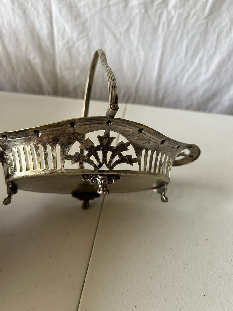 Vintage Silver Plate Made In England Lace Lattice Swing Handle Footed Dish EPNS