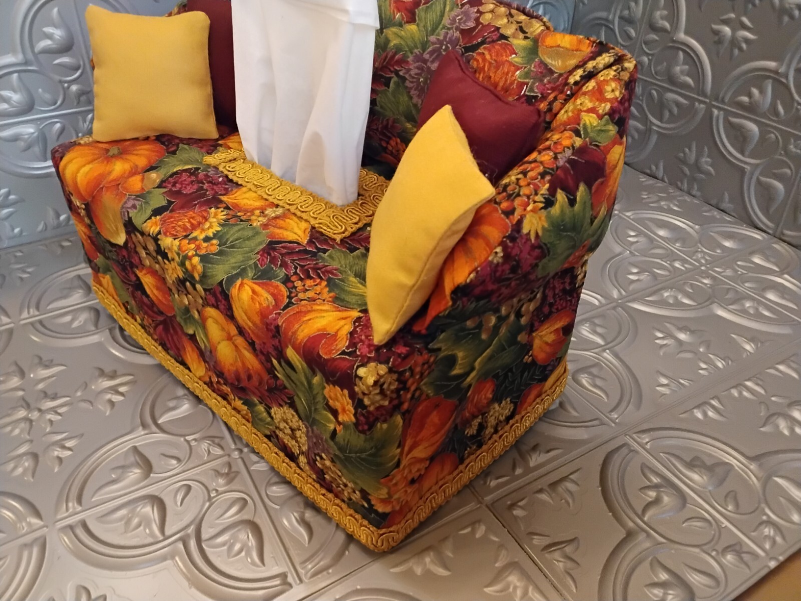 Harvest Patterned Fabric Sofa Tissue Box Cover Hand Made