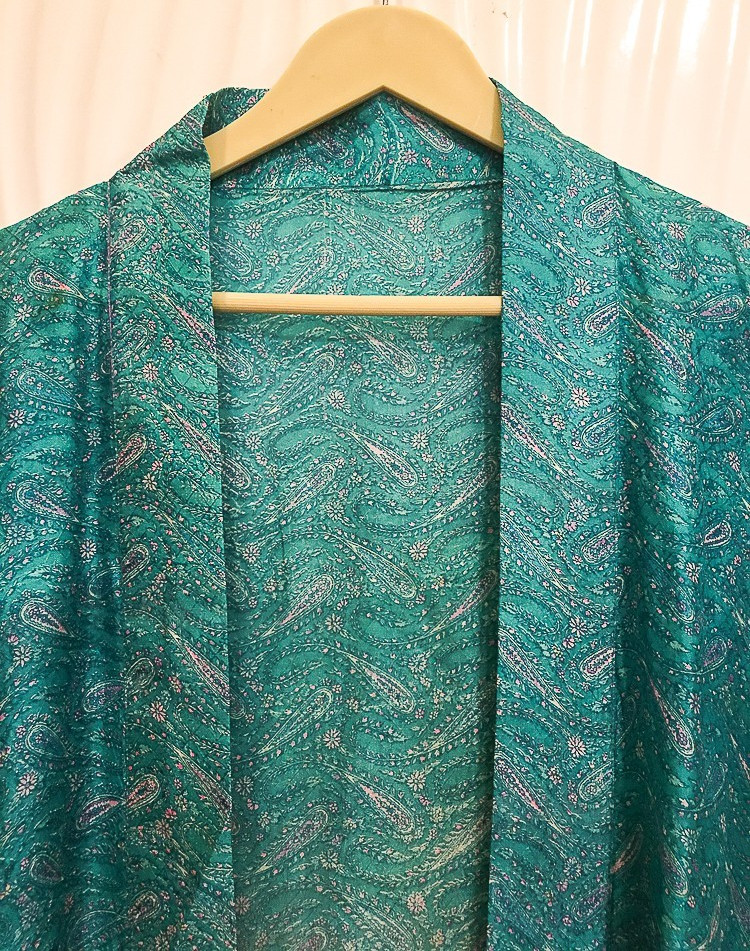 Pure Silk Blue/Green kimono Long Robe Gown Woman Silk Robe Kimono KMO5575