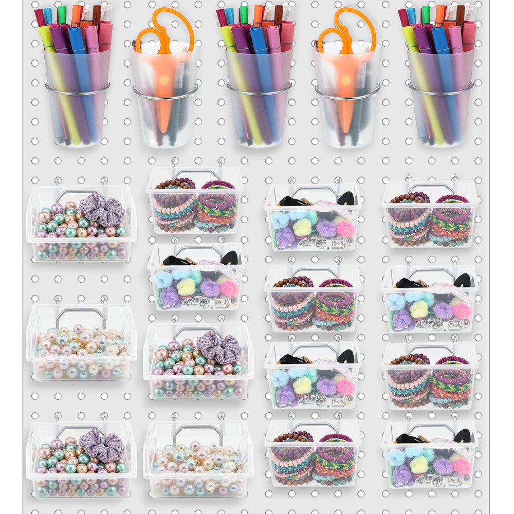 20 PCS Pegboard Organizer Accessories Clear Bins Cups Hooks Loops Kit Baskets