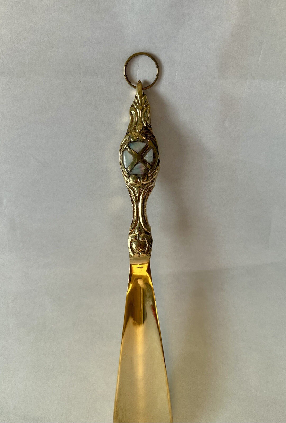 Gold Brass Shoehorn with Mother of Pearl Engraving 9.5"