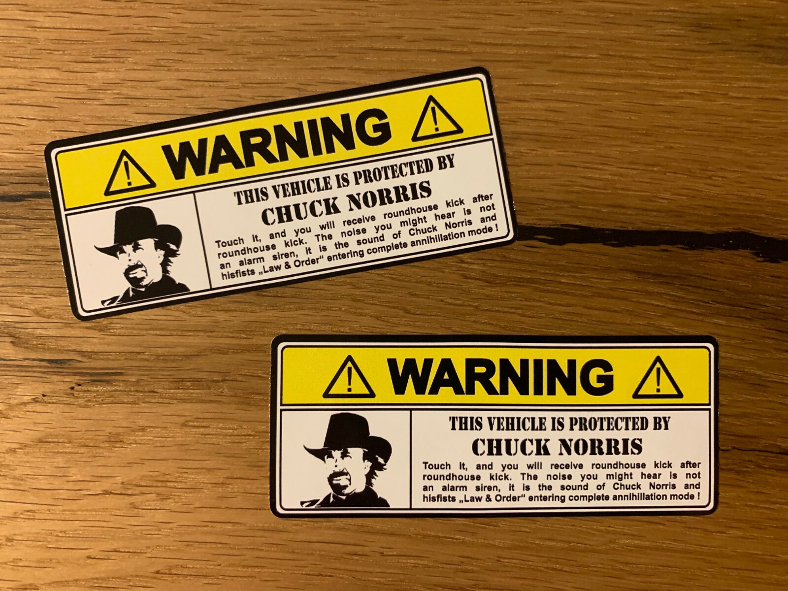 2x Warning Chuck Norris Decal Alarm System Car Tuning OEM Retro Sticker M401