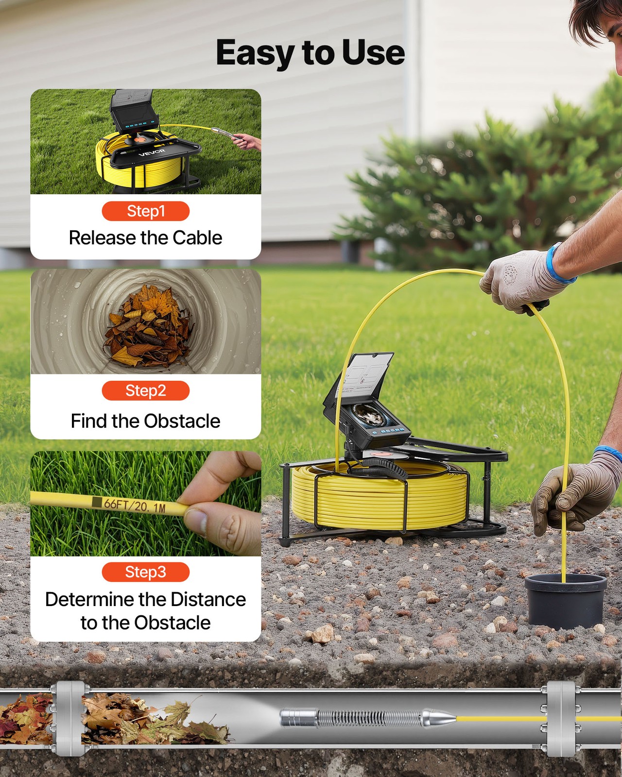 VEVOR Sewer Camera 98ft 4.3-inch Drain Inspection Camera IP68 Waterproof 6 LEDS