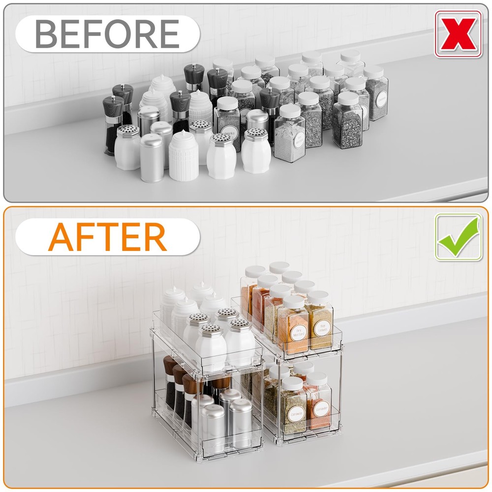 2 Pack 2 Tier Vertical Spice Rack Pull Out,10.4'' Deep Narrow Slide Out Spice