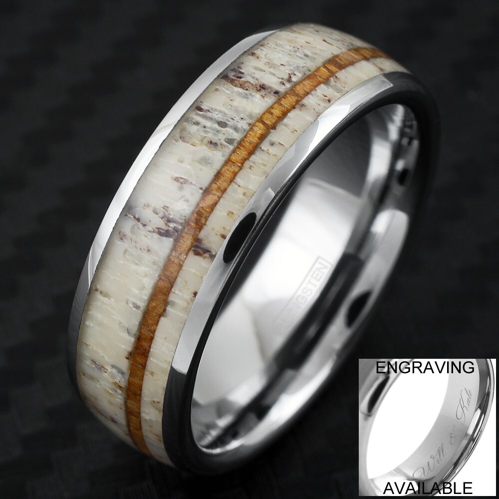 Engraved 8mm Tungsten Men's Deer Antler Hawaiian Koa Wood Wedding Band Ring