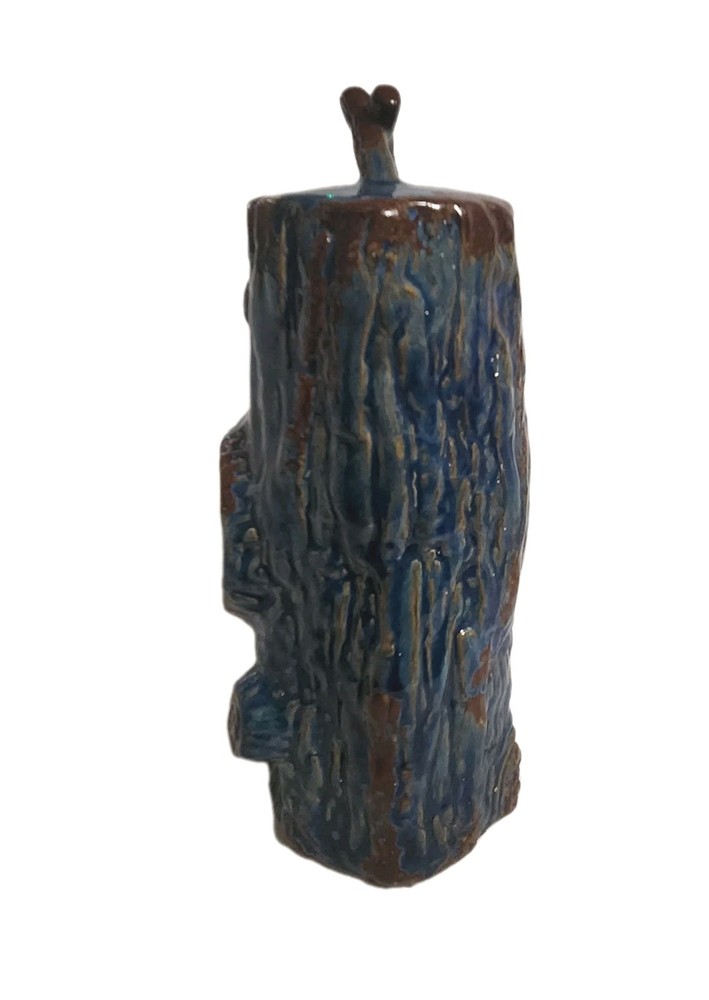Blue Ceramic Tree Trunk Wood Grain Birdhouse