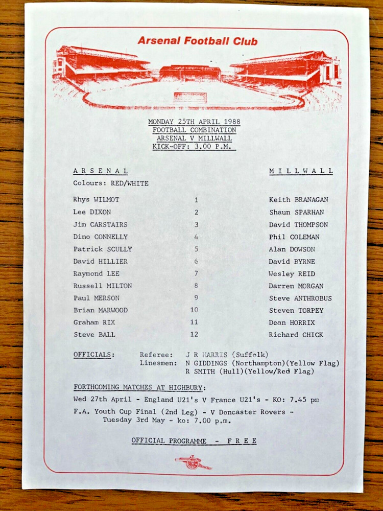 Arsenal vs Millwall Matchday  Programme/Teamsheet, 25/4/1988
