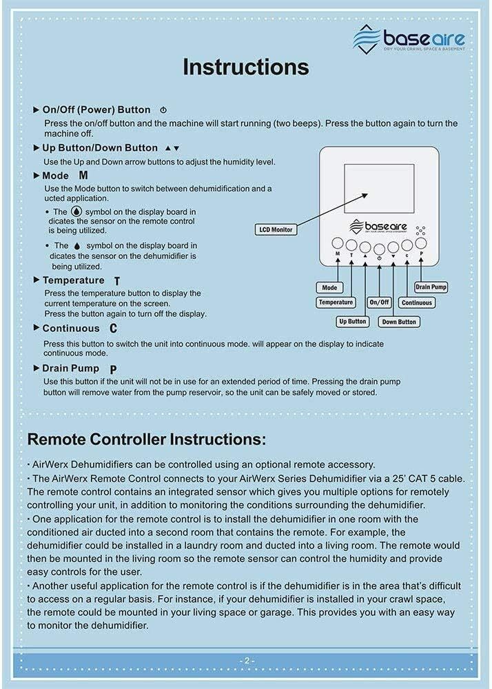 BaseAire Digital Crawlspace Dehumidifier Remote Controller Temperature AirWerx