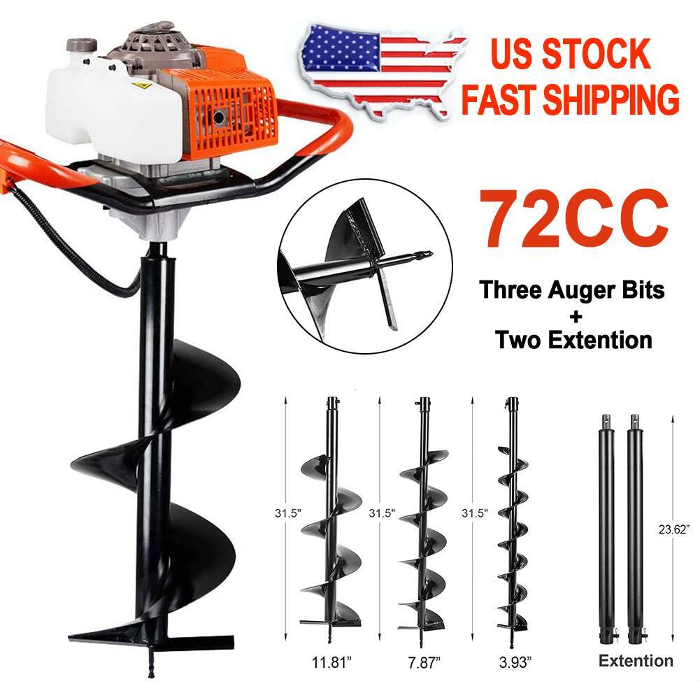 72CC 4HP Gas Powered Post Hole Digger With 4" 8" 12" Earth Auger Digging Engine