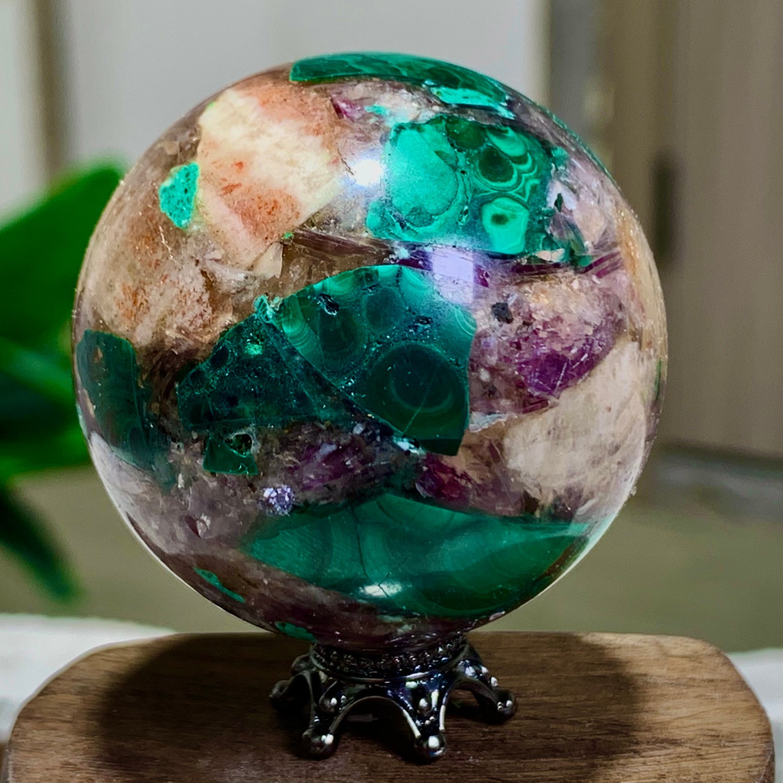 102G Newly discovered rare malachite purple mica symbiotic sphere restoration