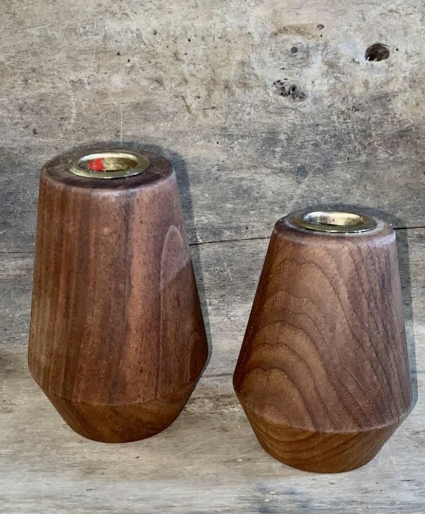 2 Walnut Taper Candle Holders Large & Medium