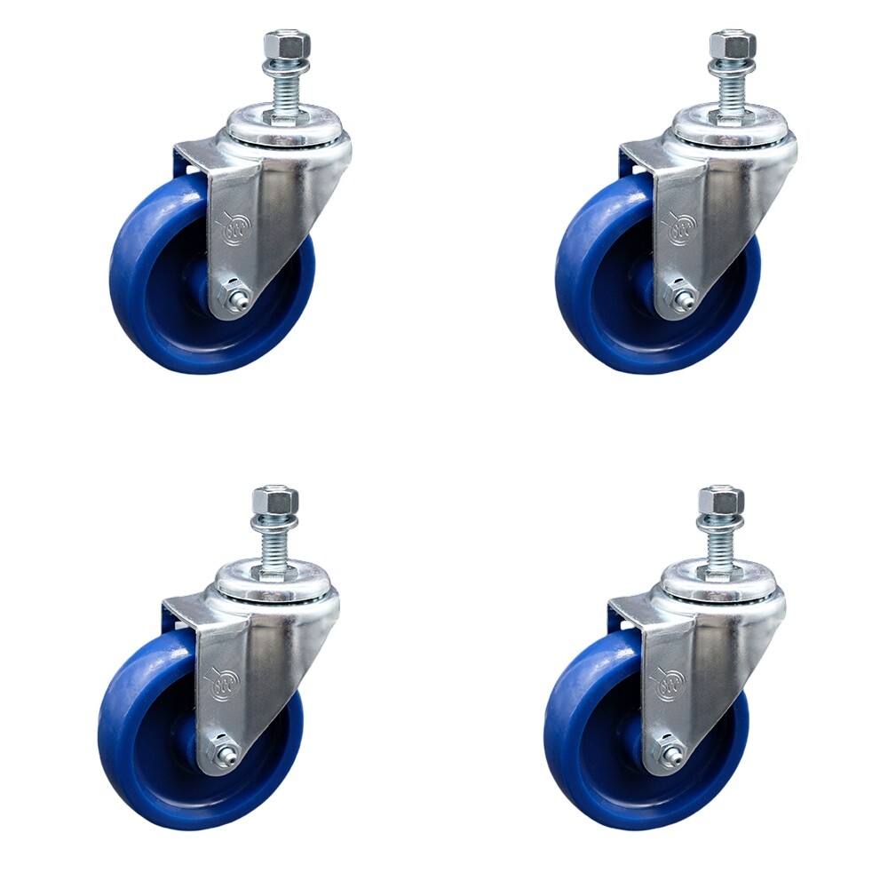 4 Inch SS Solid Polyurethane Wheel Swivel 3/8 Inch Threaded Stem Caster Set SCC