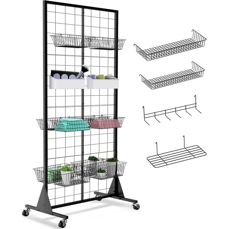 Versatile Grid Wall Panels 4-Pack Adjustable Display Storage W/ Lockable Wheels