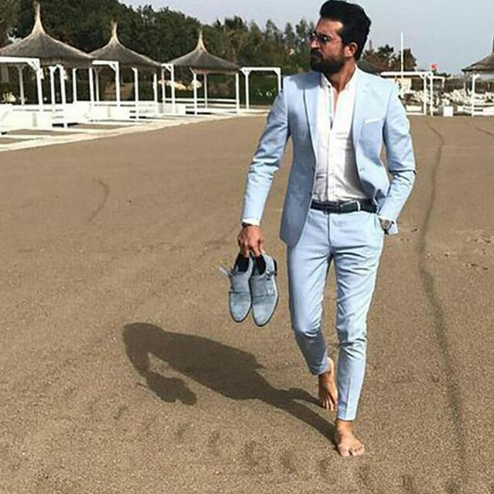 Blue Linen Men Suits Summer 2Pieces Peak Lapel Wedding Groom Prom Party Tuxedos