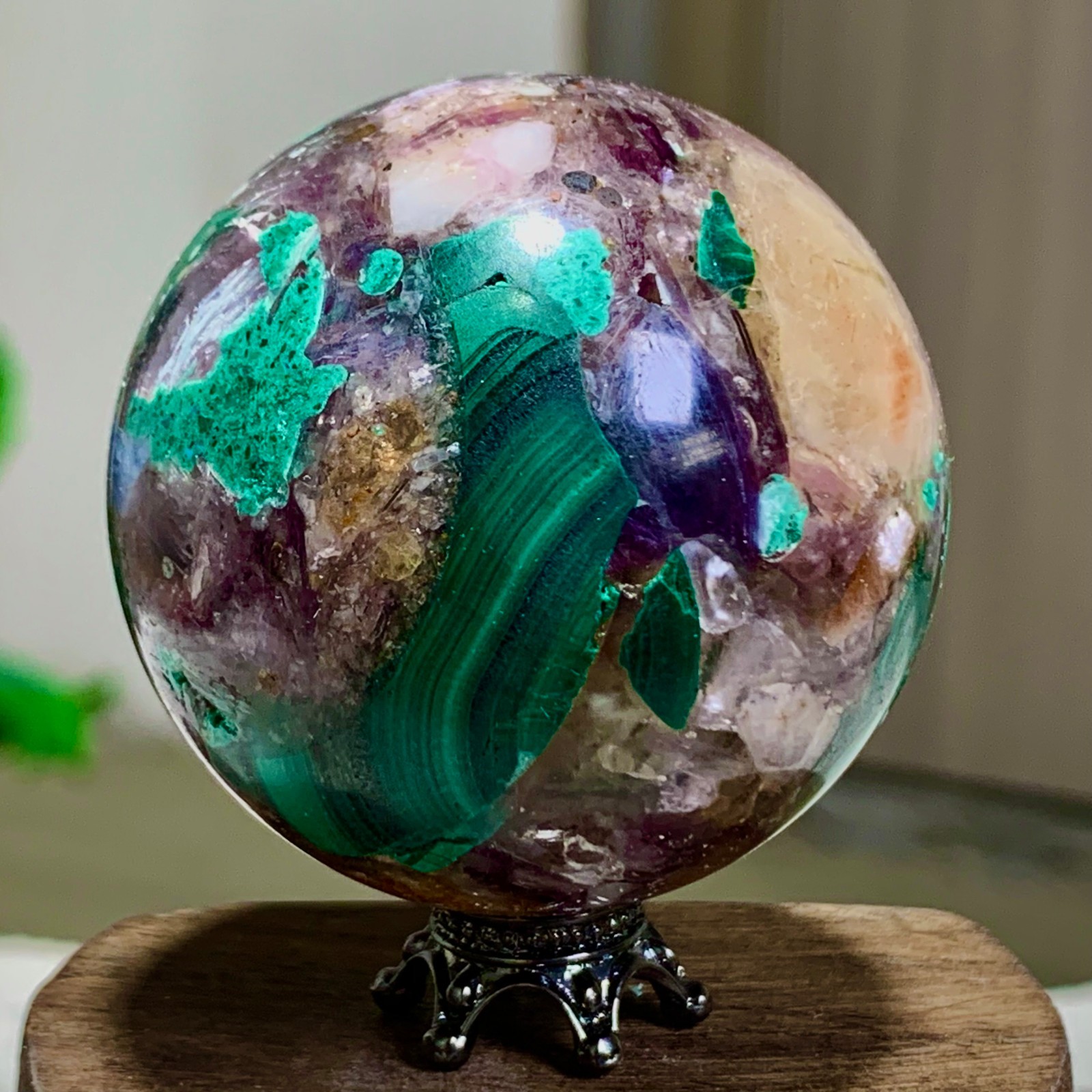 116G Newly discovered rare malachite purple mica symbiotic sphere restoration